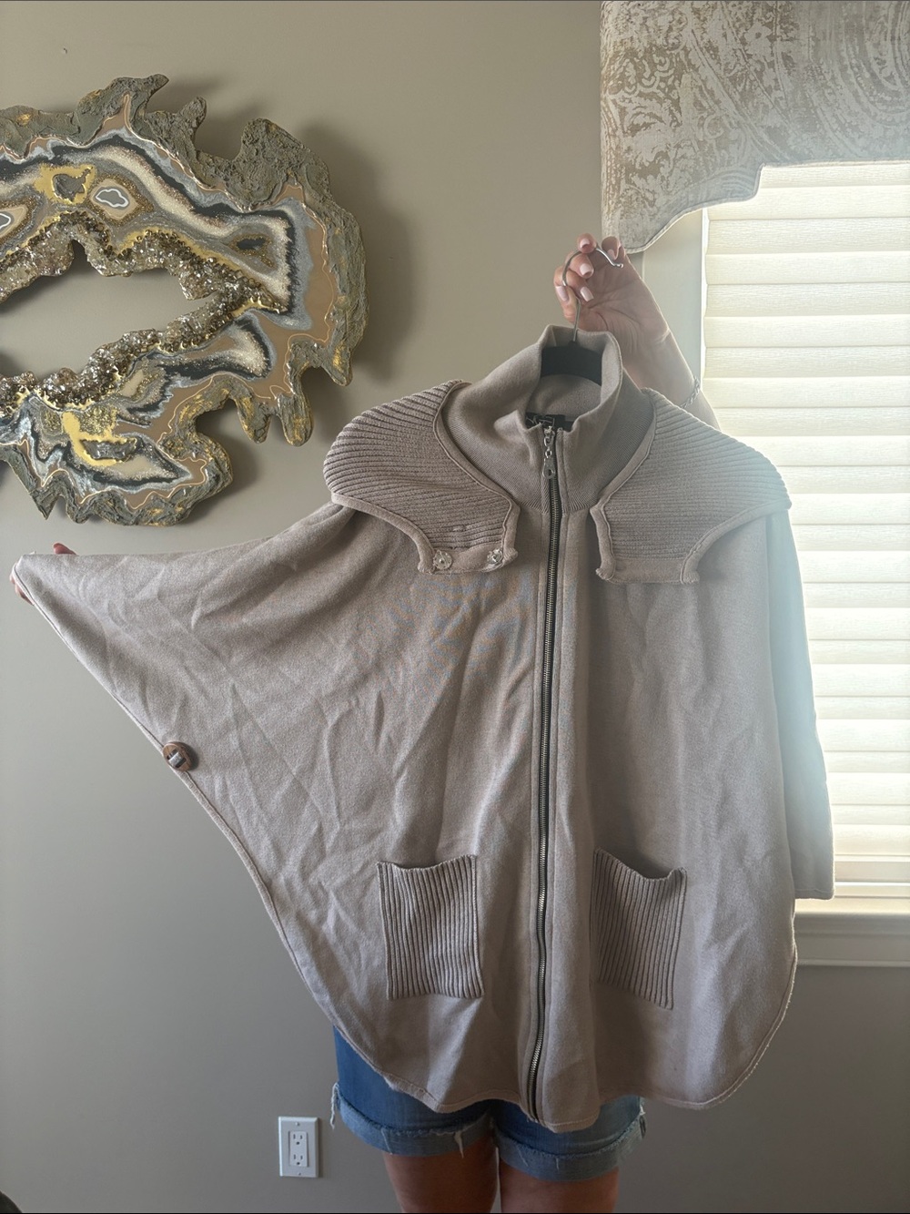 Women's Taupe Zip-Up Knit Cape with Ribbed Collar